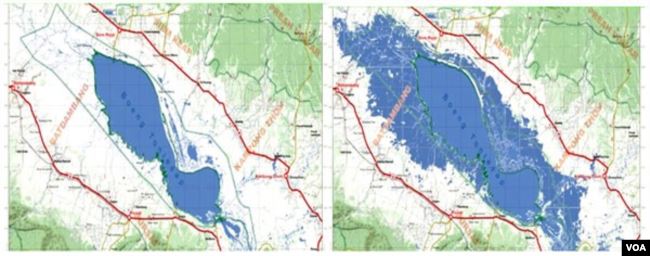 Diện tch Biển Hồ Tonle Sap co gin với hai ma Mưa Nắng: Ma Kh (tri) l hồ cạn chỉ với diện tch 2,500 km2; Ma Mưa (phải), khi bước vo thng 5 đến thng 9, do nước con Sng Mekong dũng mnh đổ về, khiến con Sng Tonle Sap đổi chiều, chảy ngược vo Biển Hồ lm nước hồ dng cao hơn từ 8 tới 10 mt v trn bờ v lm ngập cc khu Rừng Lũ / Flood forest, diện tch Biển Hồ tăng gấp 5 lần hơn, khoảng 12,000 km2. [nguồn: Tom Fawthrop]